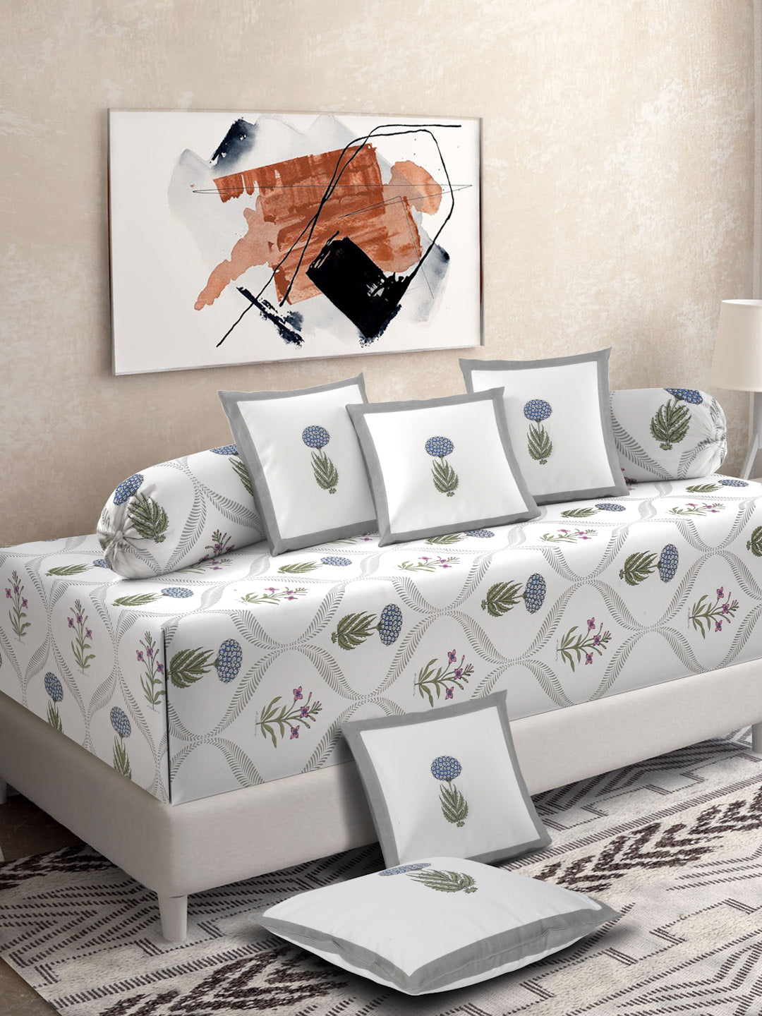Set of 8 White Floral Print Cotton Diwan Set
