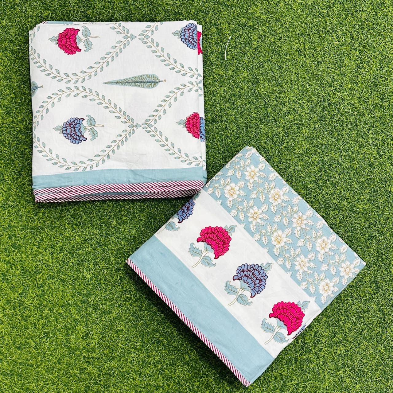 Rajasthan Decor White and Blue Floral Print Reversible Jaipuri Single Bed Dohar Set Of 2