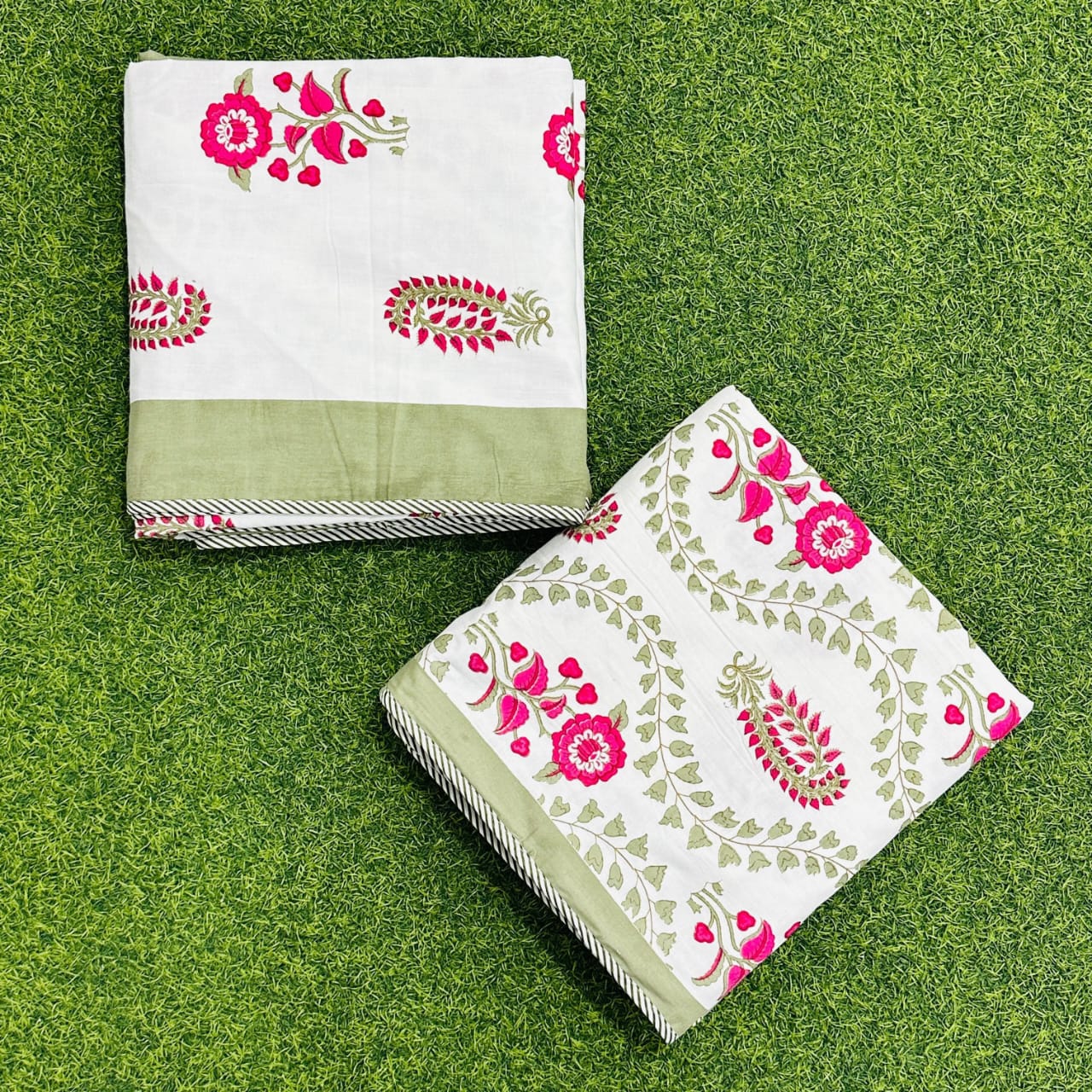 Rajasthan Decor White and Pink Floral Print Reversible Jaipuri Single Bed Dohar Set Of 2