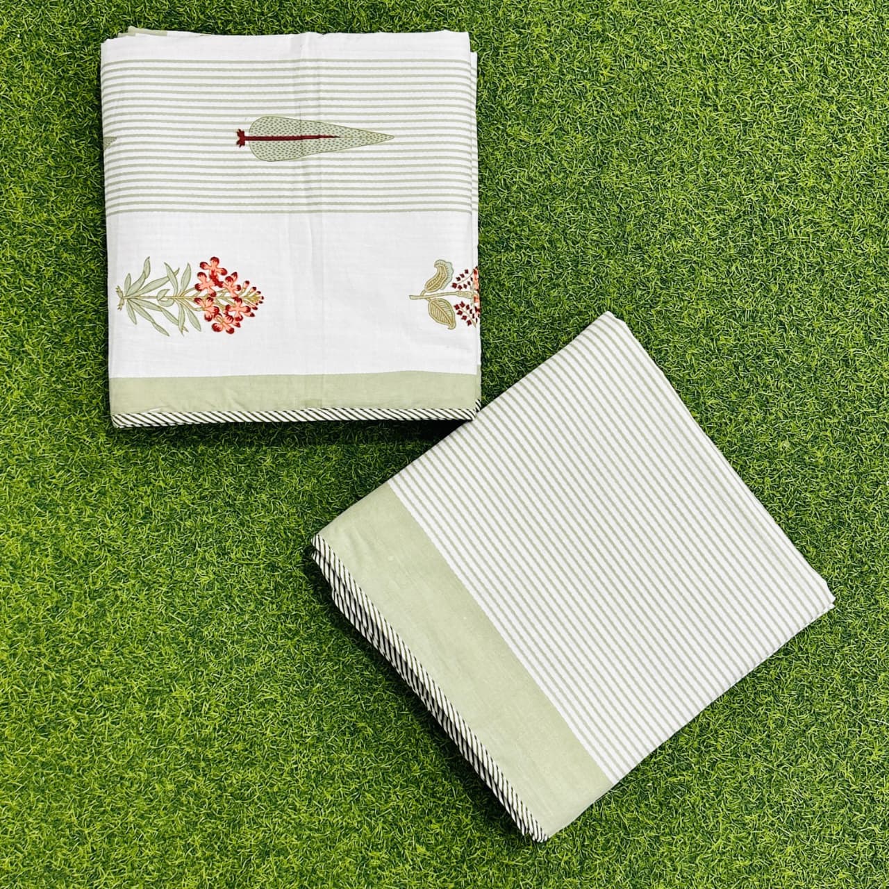 Rajasthan Decor White and Green Floral Print Reversible Jaipuri Single Bed Dohar Set Of 2