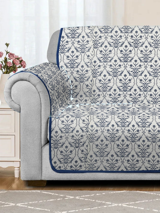 Rajasthan Decor White and Blue Quilted Printed Cotton 1 Seater Sofa Cover