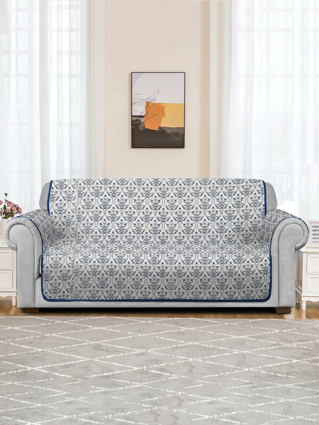 Rajasthan Decor White and Blue Quilted Printed Cotton 2 Seater Sofa Cover