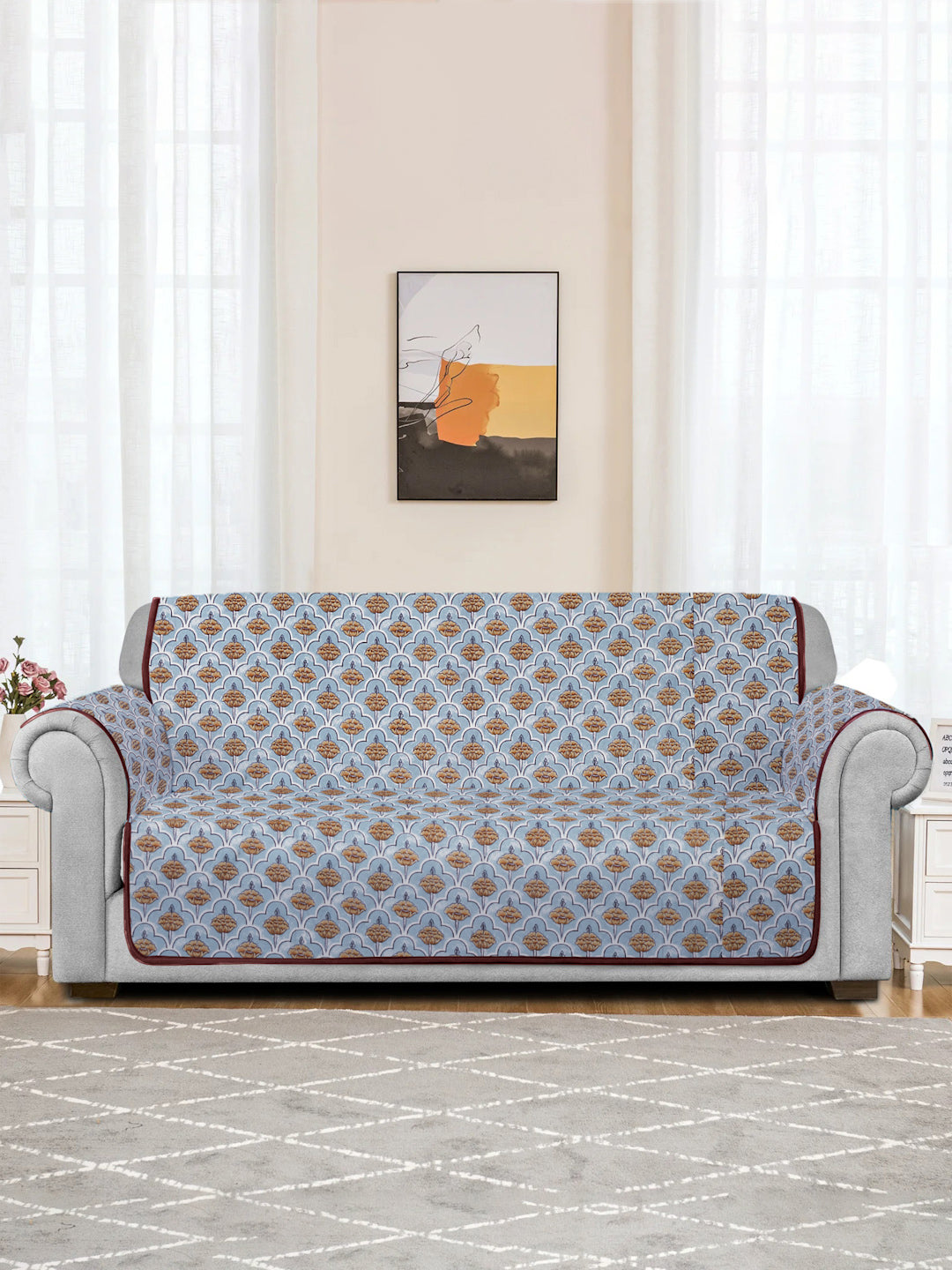 Quilted Floral 2 seater Cotton Sofa Cover with Hand Rest Cover