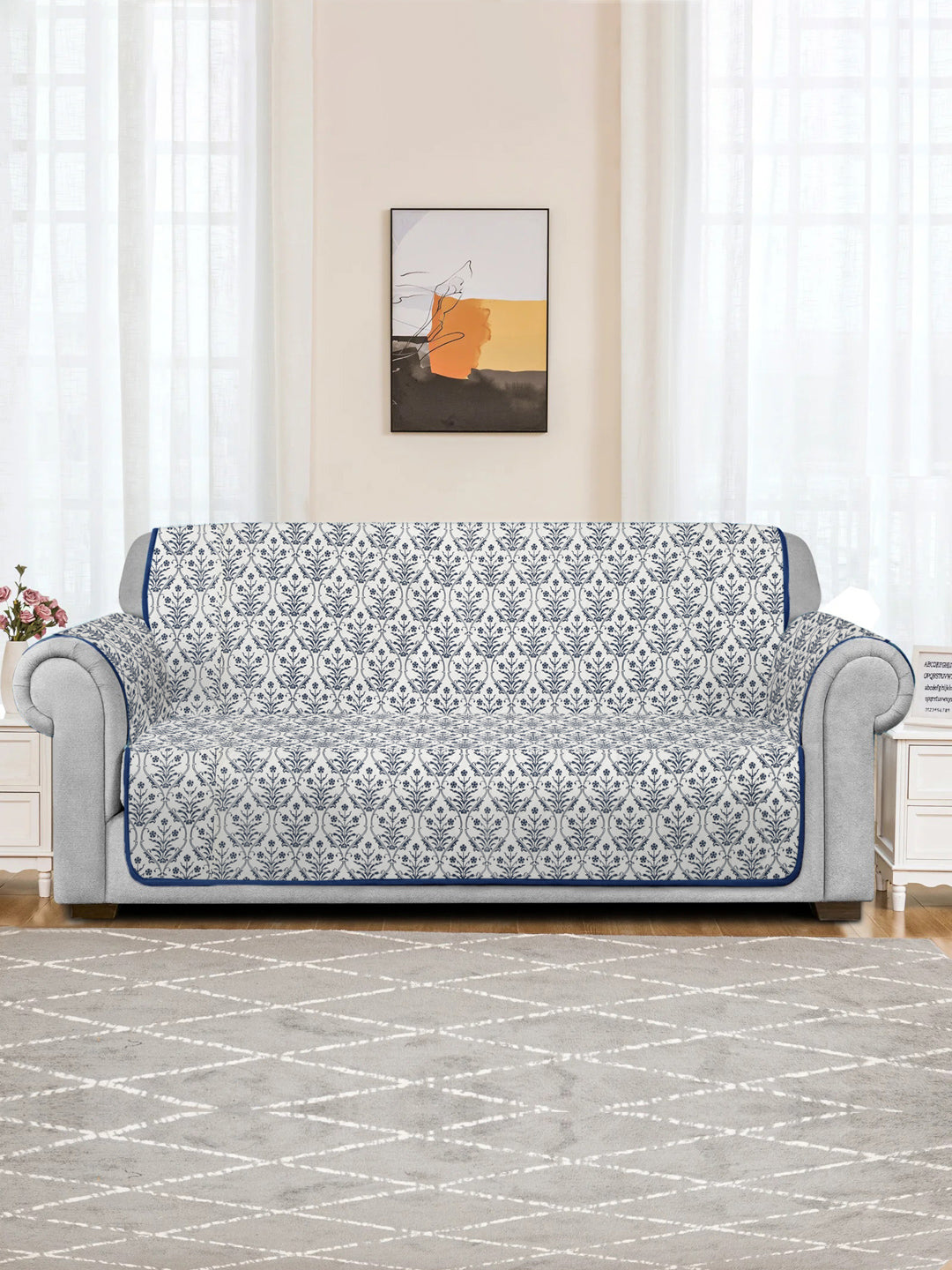 Rajasthan Decor Screen Print Quilted Floral 3 seater Sofa Cover