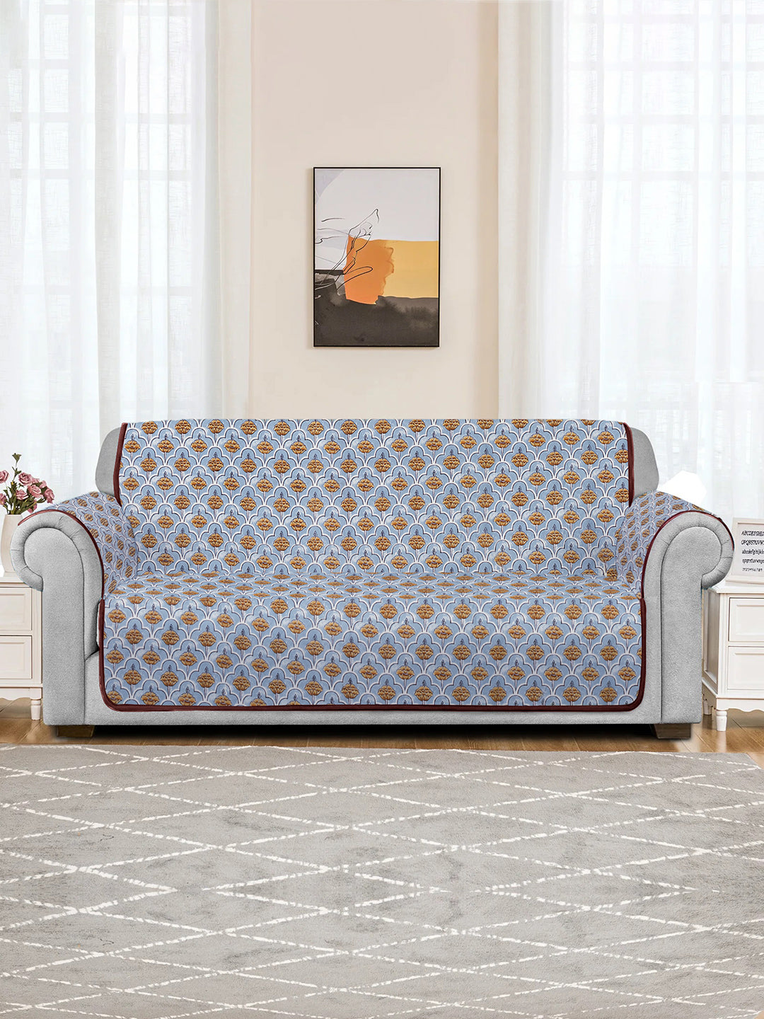 Quilted Floral 3 seater Cotton Sofa Cover with Hand Rest Cover