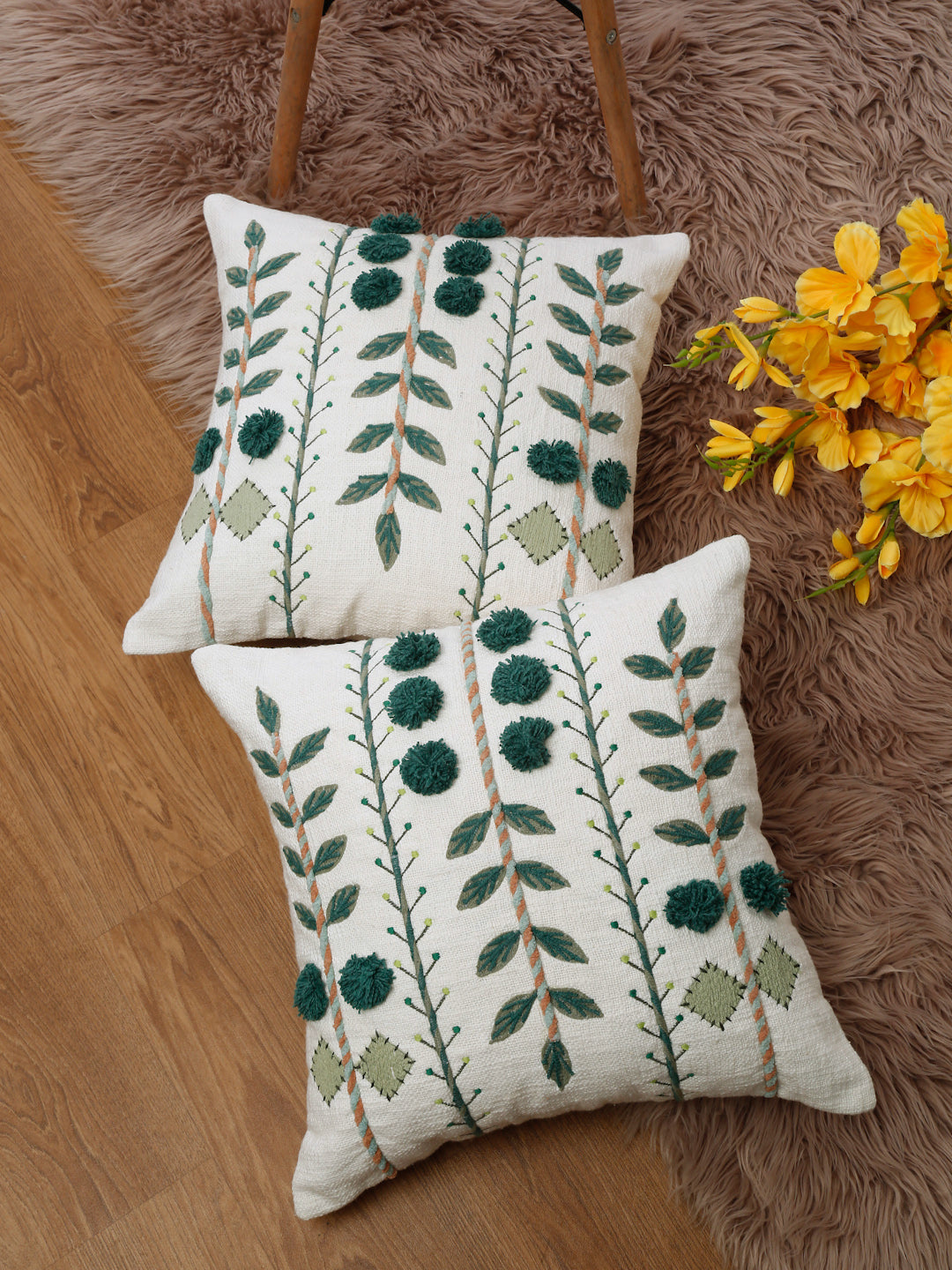 Set of 2 White & Green Cotton Embroidered Square Cushion Covers