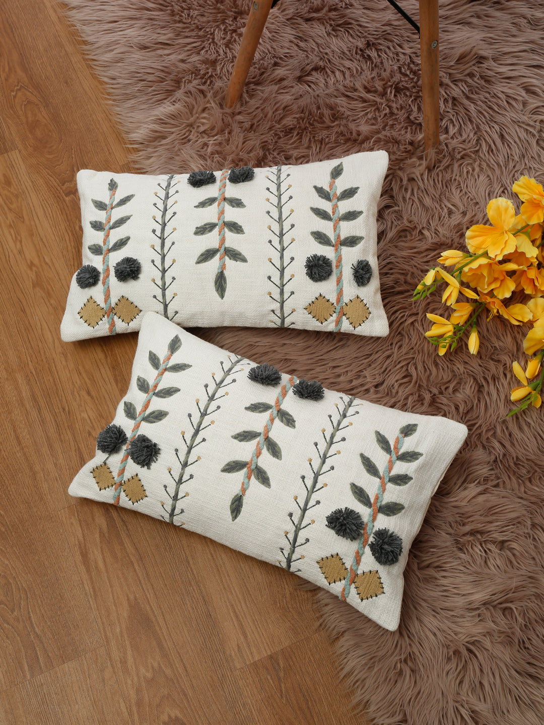 Set of 2 White & Grey Cotton Embroidered Square Cushion Covers