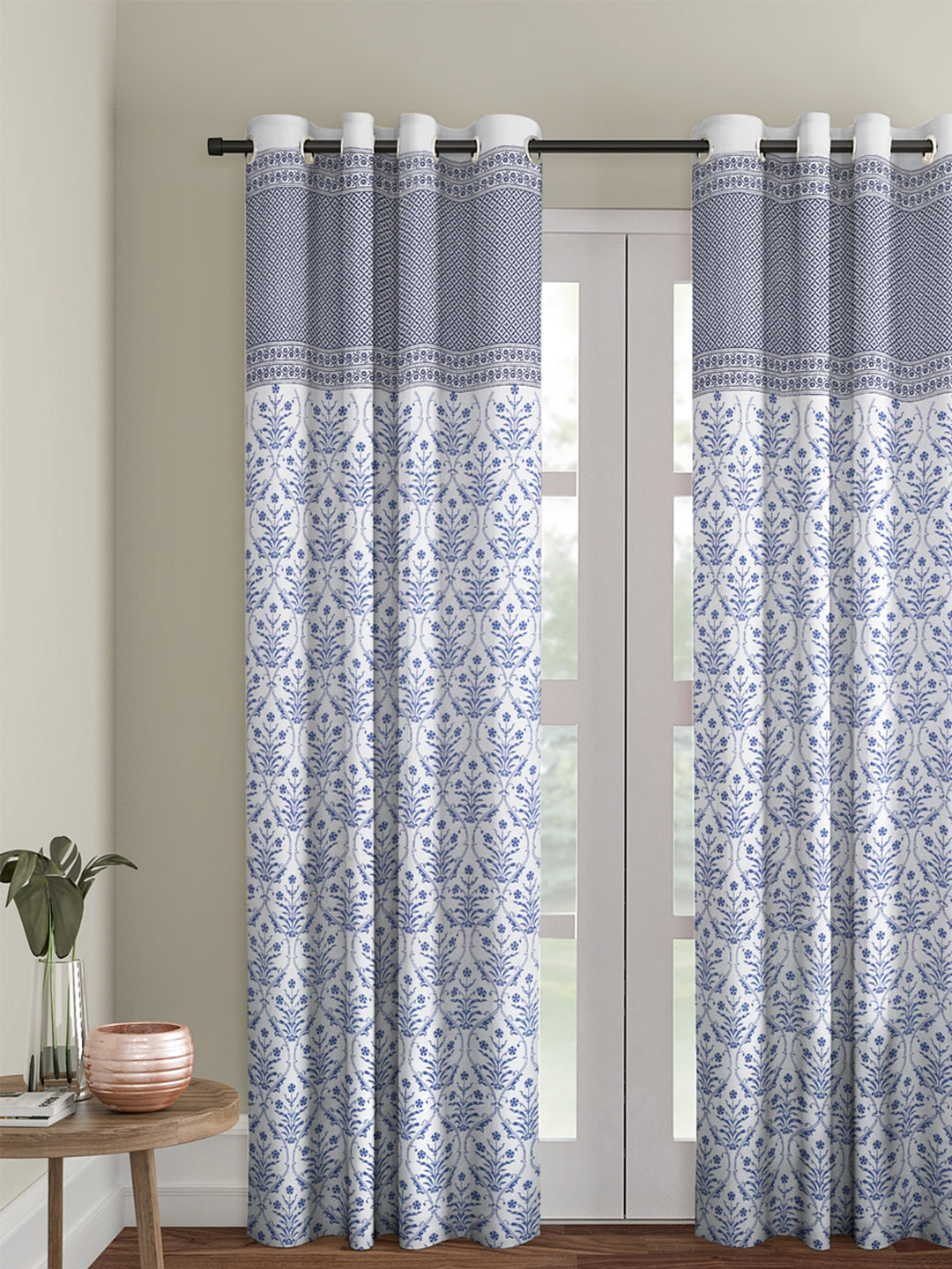 Screen Print Cotton White and Blue Floral Door Curtain Single Pc (51x85 Inch)