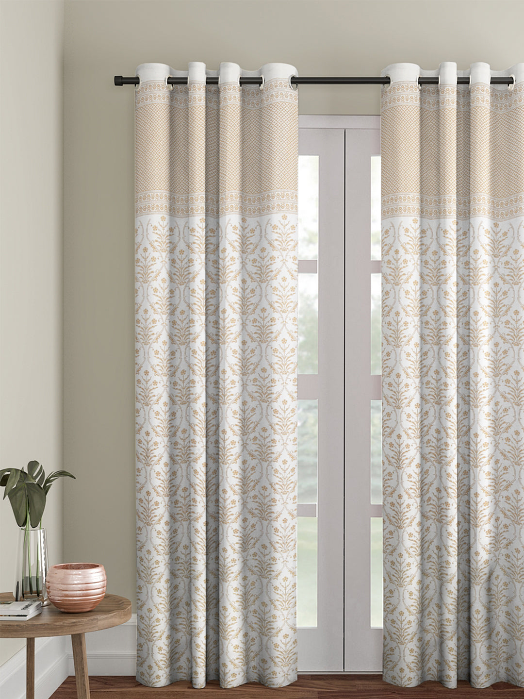 Screen Print Cotton White and Blue Floral Door Curtain Single Pc (51x85 Inch)