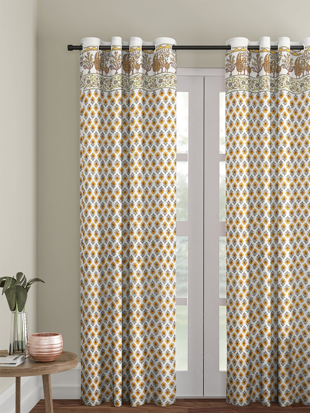 Screen Print Cotton White and Yellow Floral Door Curtain Single Pc (51x85 Inch)