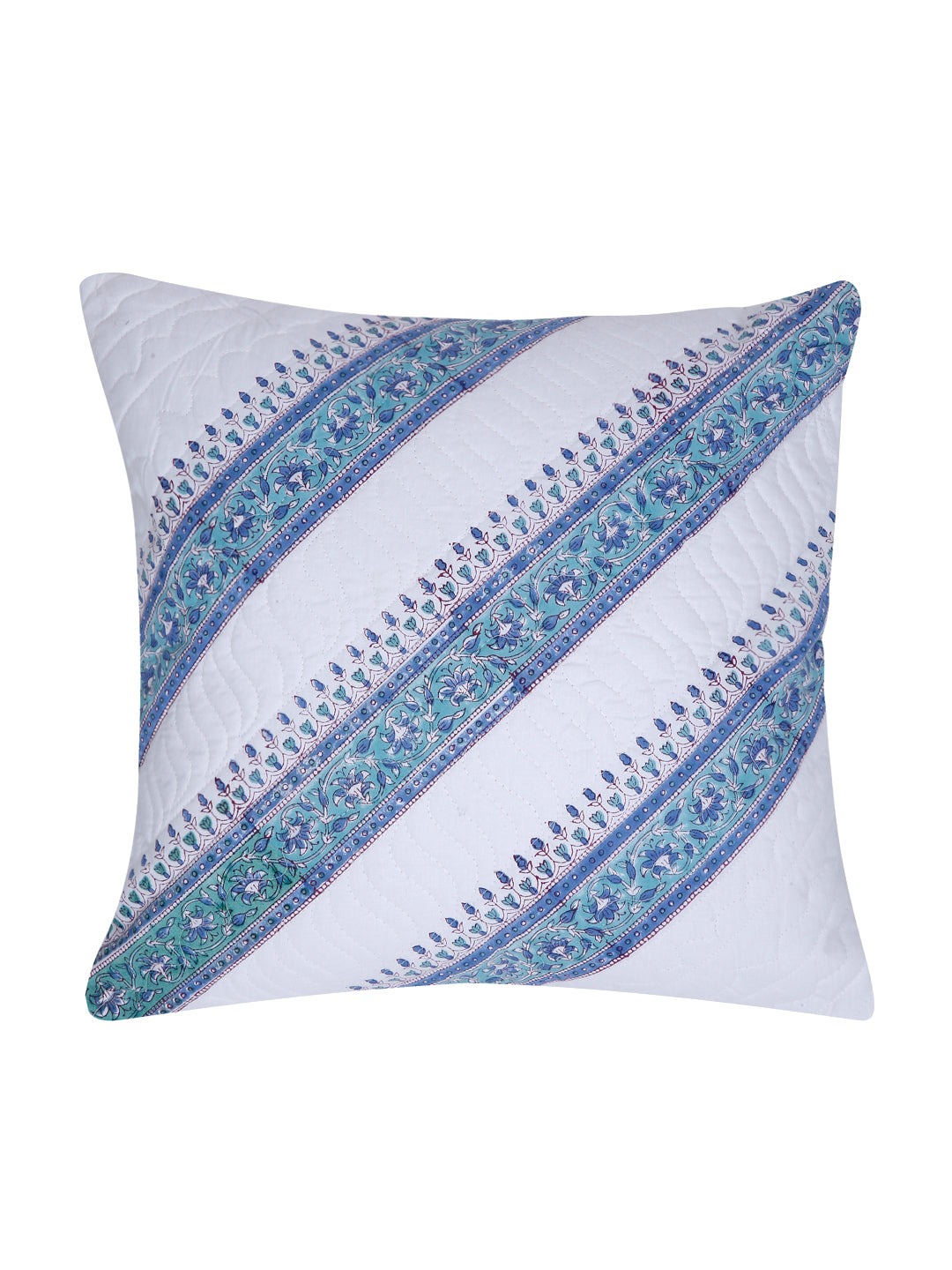 White and Green Hand Block Quilted Pure Cotton Floral Cushion Cover Set of 2 (16x16 Inch)