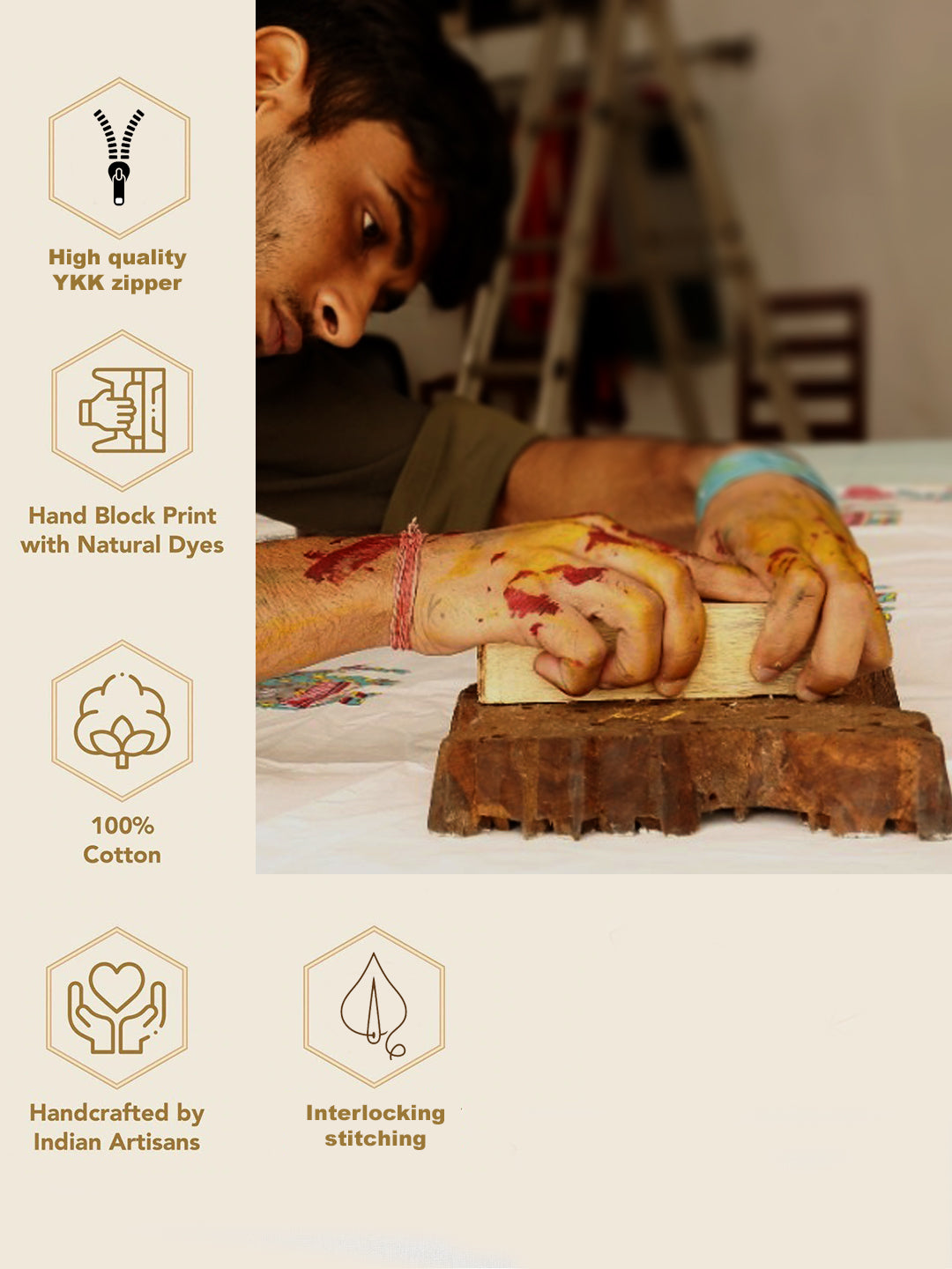 White and Orange Hand Block Quilted Pure Cotton Floral Cushion Cover Set of 2 (16x16 Inch)