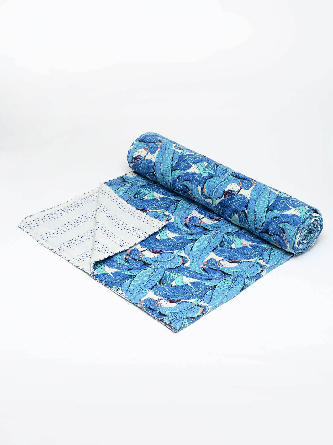 Block Print Blue Color Cotton Jaipuri Kantha Double Bed Cover/Bed Spread without pillow cover