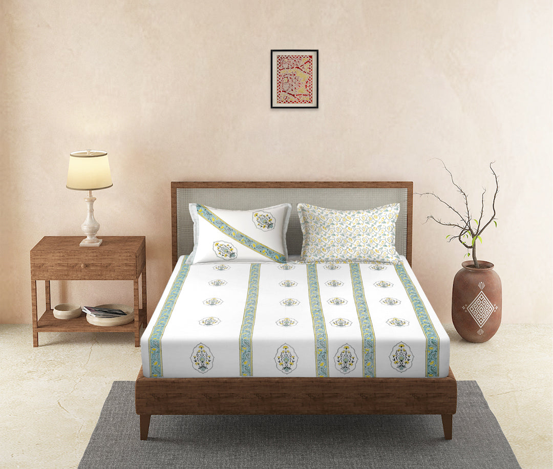 240 TC Percale White Cotton Hand Block King Bedsheet with 2 Pillow Covers