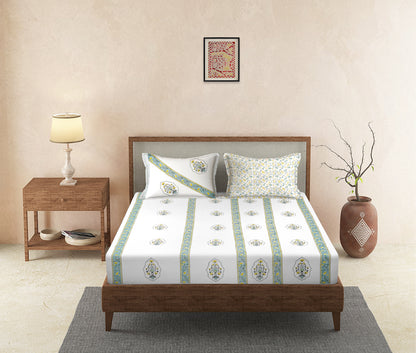 240 TC Percale White Cotton Hand Block King Bedsheet with 2 Pillow Covers