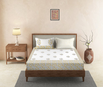 240 TC Percale Cotton Hand Block Cotton King Bedsheet with 2 Pillow Covers