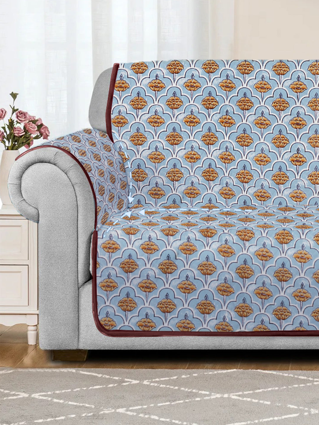 Sky Blue Quilted Floral 1 seater Cotton Sofa Cover
