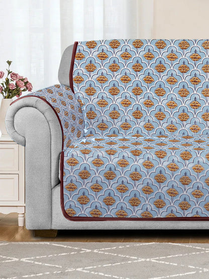 Sky Blue Quilted Floral 1 seater Cotton Sofa Cover