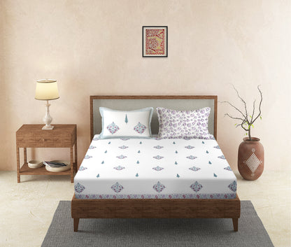Rajasthan Decor 240 TC Percale Cotton Hand Block Cotton King Bedsheet with 2 Pillow Covers