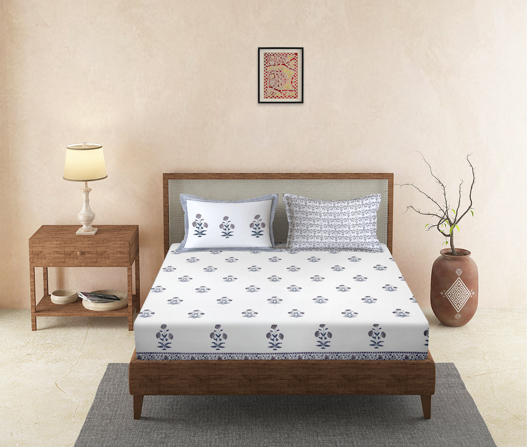 Rajasthan Decor 240 TC Percale Cotton Hand Block Cotton King Bedsheet with 2 Pillow Covers