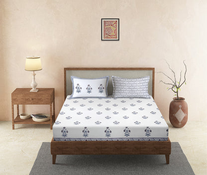 Rajasthan Decor 240 TC Percale Cotton Hand Block Cotton King Bedsheet with 2 Pillow Covers