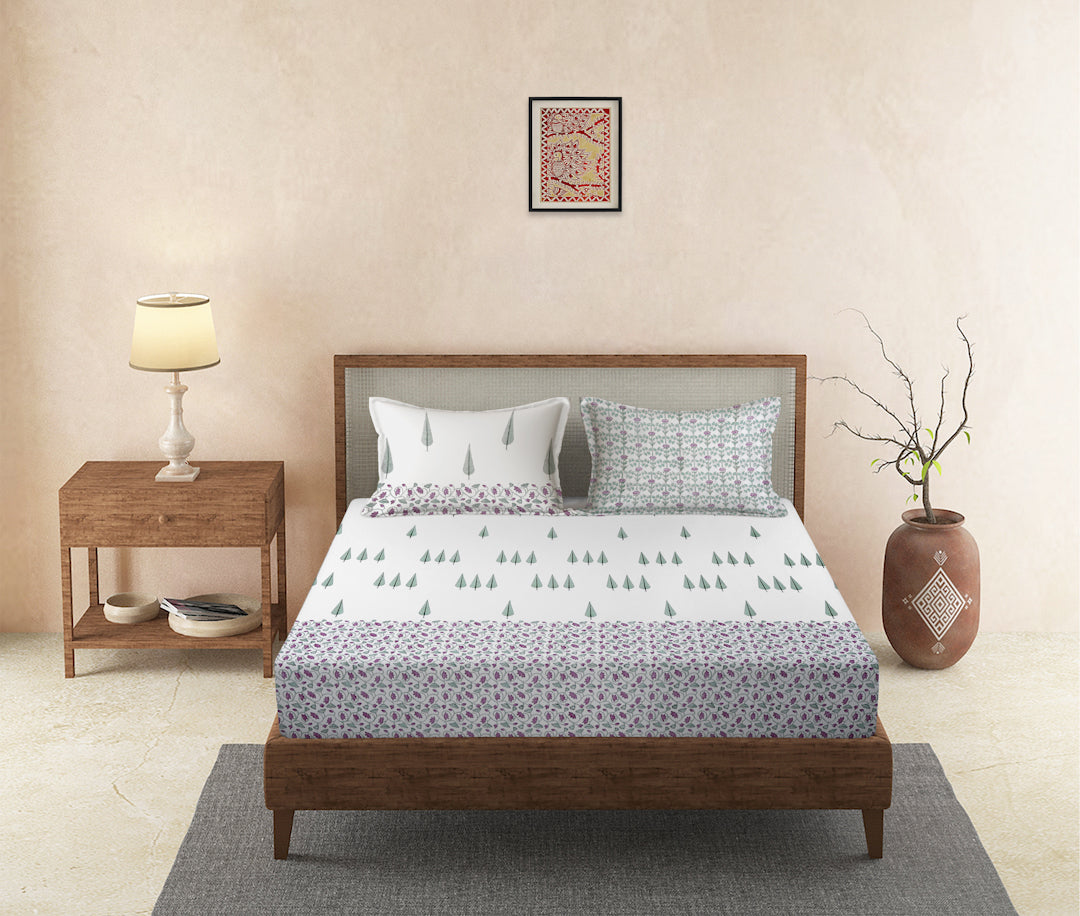Rajasthan Decor 240 TC Percale Cotton Hand Block Cotton King Bedsheet with 2 Pillow Covers