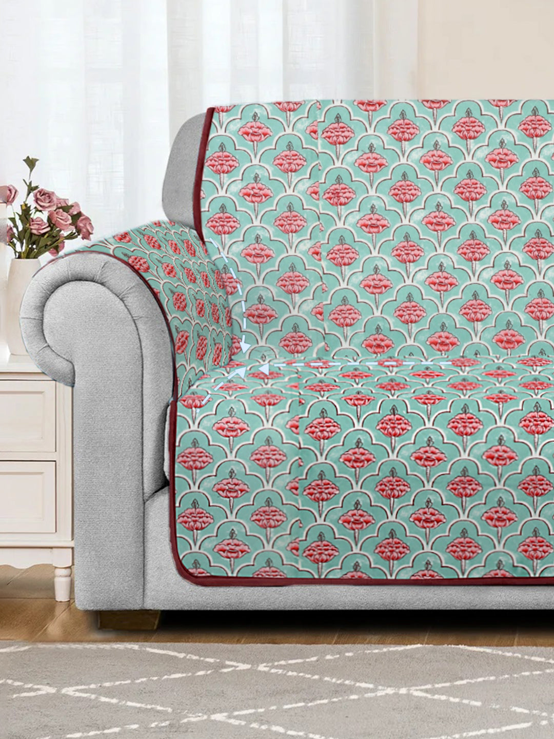 Quilted Floral 3 Seater Cotton Sofa Cover with Hand Rest Cover - Multi Colour
