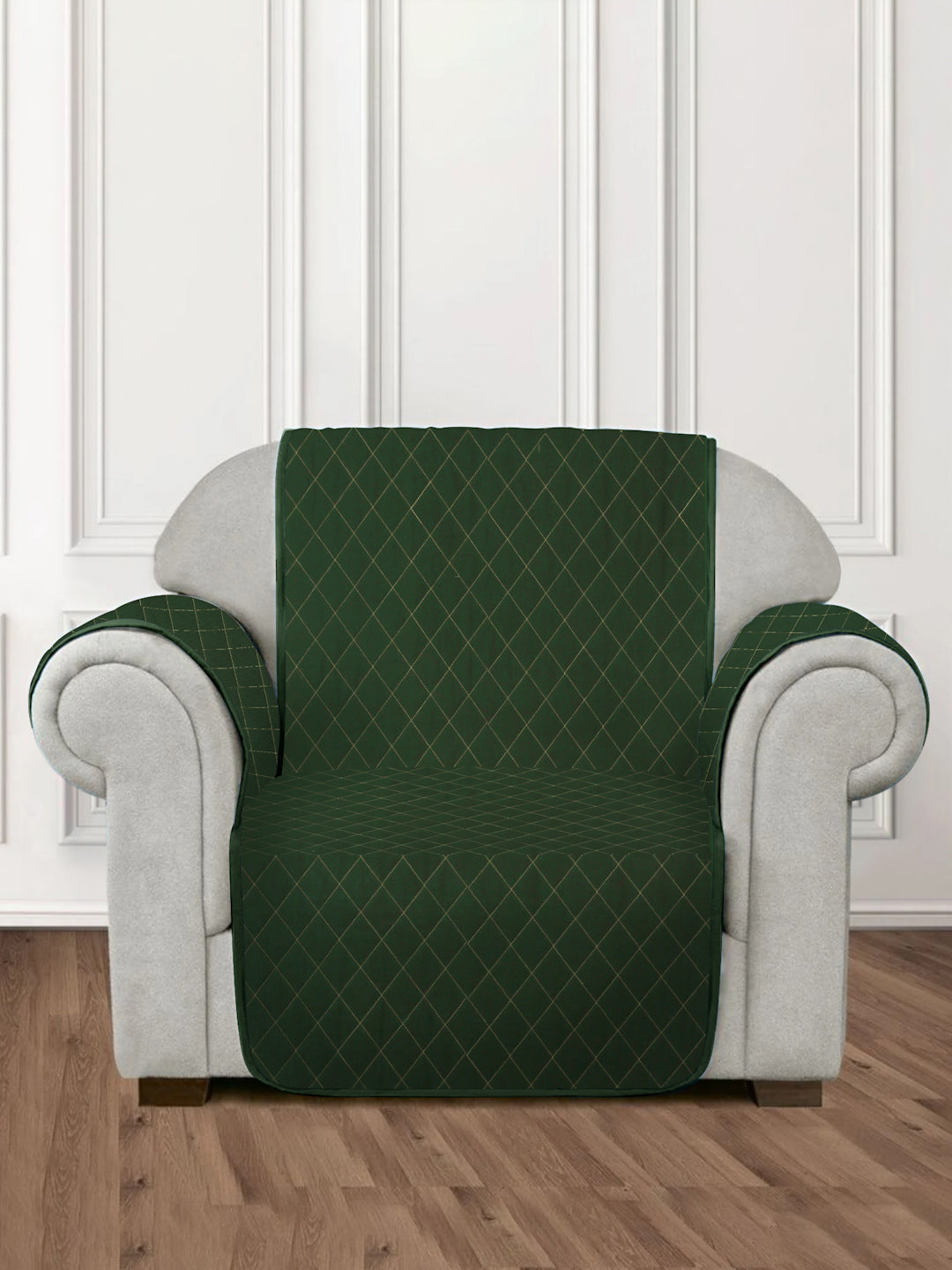 Green Quilted Printed Cotton 1 Seater Sofa Cover