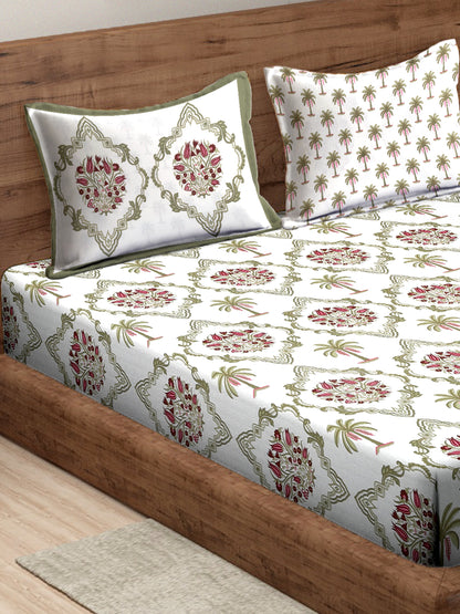 Rajasthan Decor White and Green Cotton Abstract Print King Bed sheet with 2 Pillow Covers