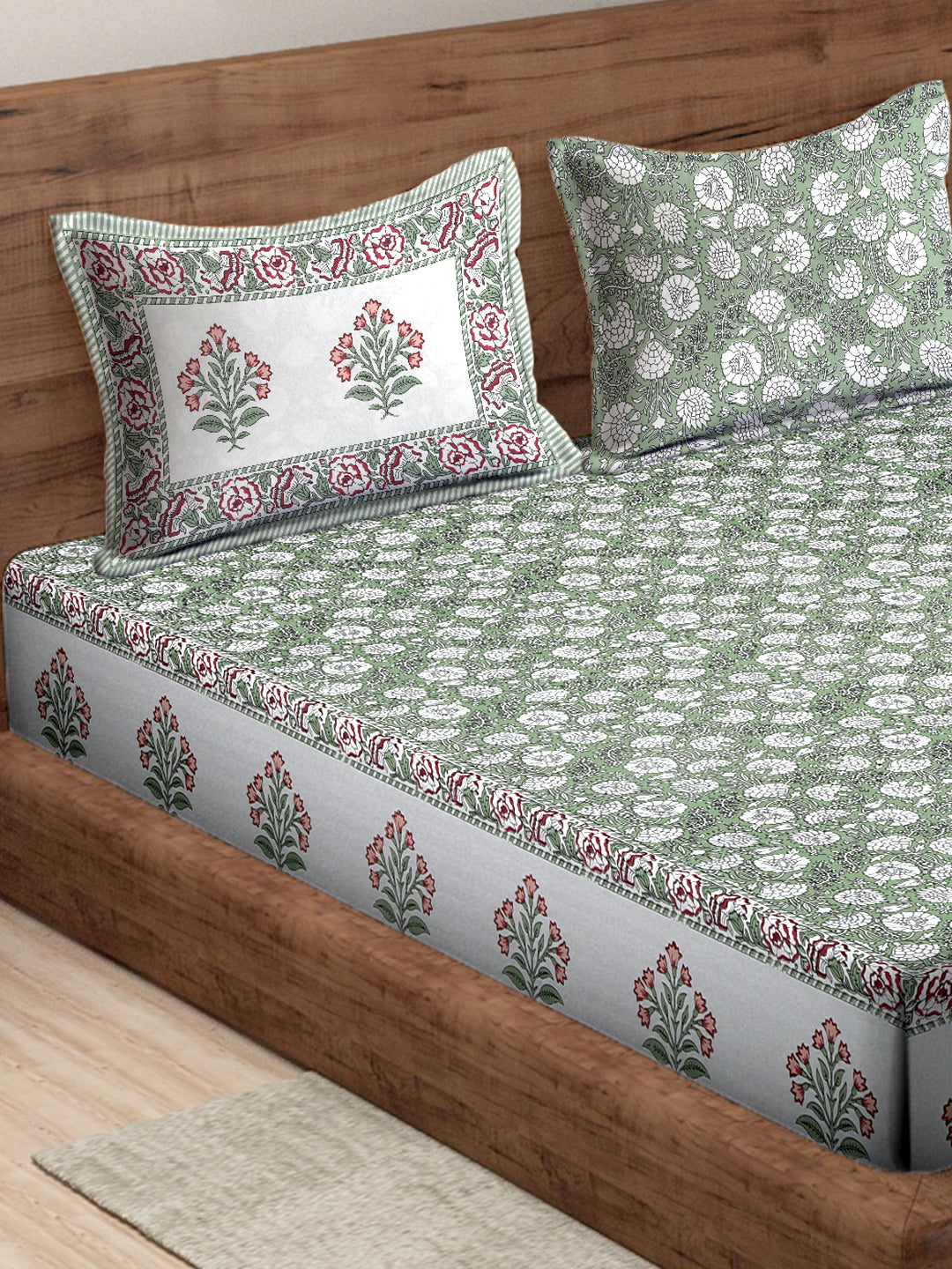 Rajasthan Decor White and Green Cotton Flower Print King Bed sheet with 2 Pillow Covers