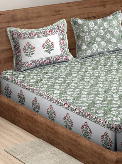Rajasthan Decor White and Green Cotton Flower Print King Bed sheet with 2 Pillow Covers