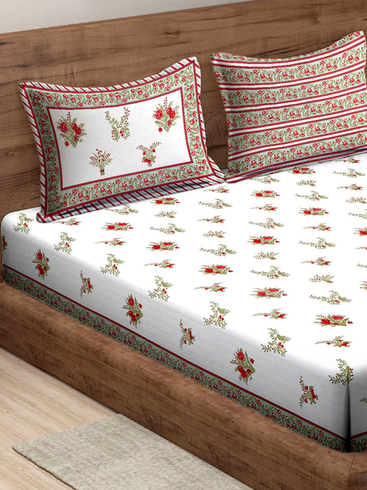 Rajasthan Decor White and Red  Cotton Flower Print King Bed sheet with 2 Pillow Covers
