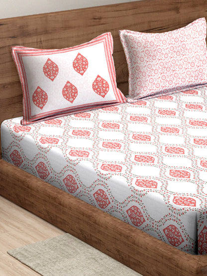 Cream Color Peach Floral Print Cotton King Bed Sheet with 2 Pillow Covers