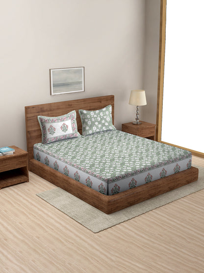 Rajasthan Decor White and Green Cotton Flower Print King Bed sheet with 2 Pillow Covers