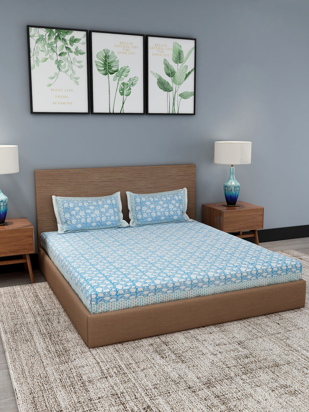 Sky Blue Floral Print Cotton King Bed Sheet with 2 Pillow Covers
