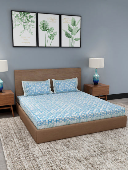 Sky Blue Floral Print Cotton King Bed Sheet with 2 Pillow Covers