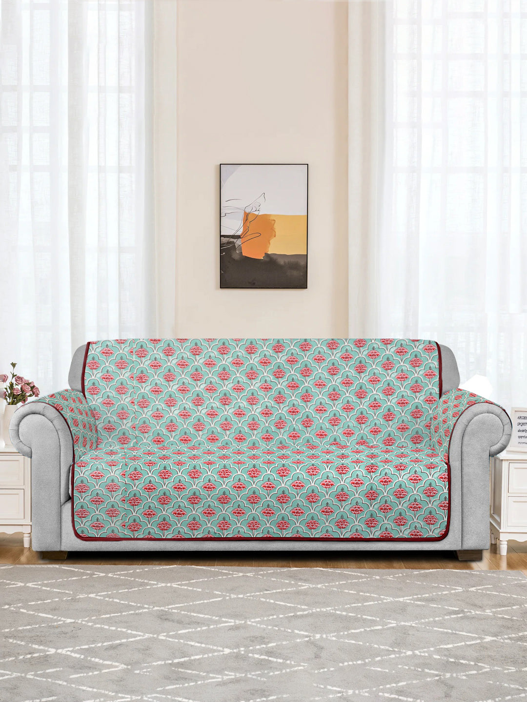 Quilted Floral 3 Seater Cotton Sofa Cover with Hand Rest Cover - Multi Colour