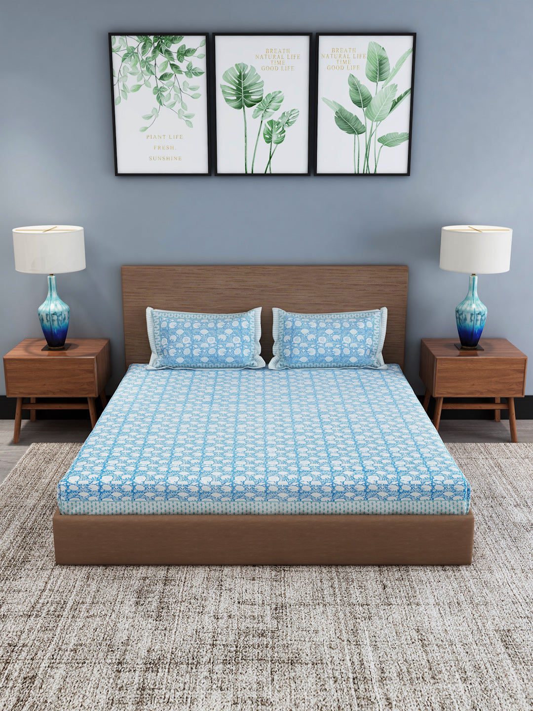Sky Blue Floral Print Cotton King Bed Sheet with 2 Pillow Covers