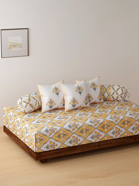 Rajasthan Décor Set of 6 Screen Floral Print Yellow and White Cotton Diwan Set