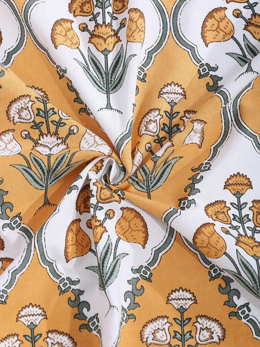 Rajasthan Décor Set of 6 Screen Floral Print Yellow and White Cotton Diwan Set