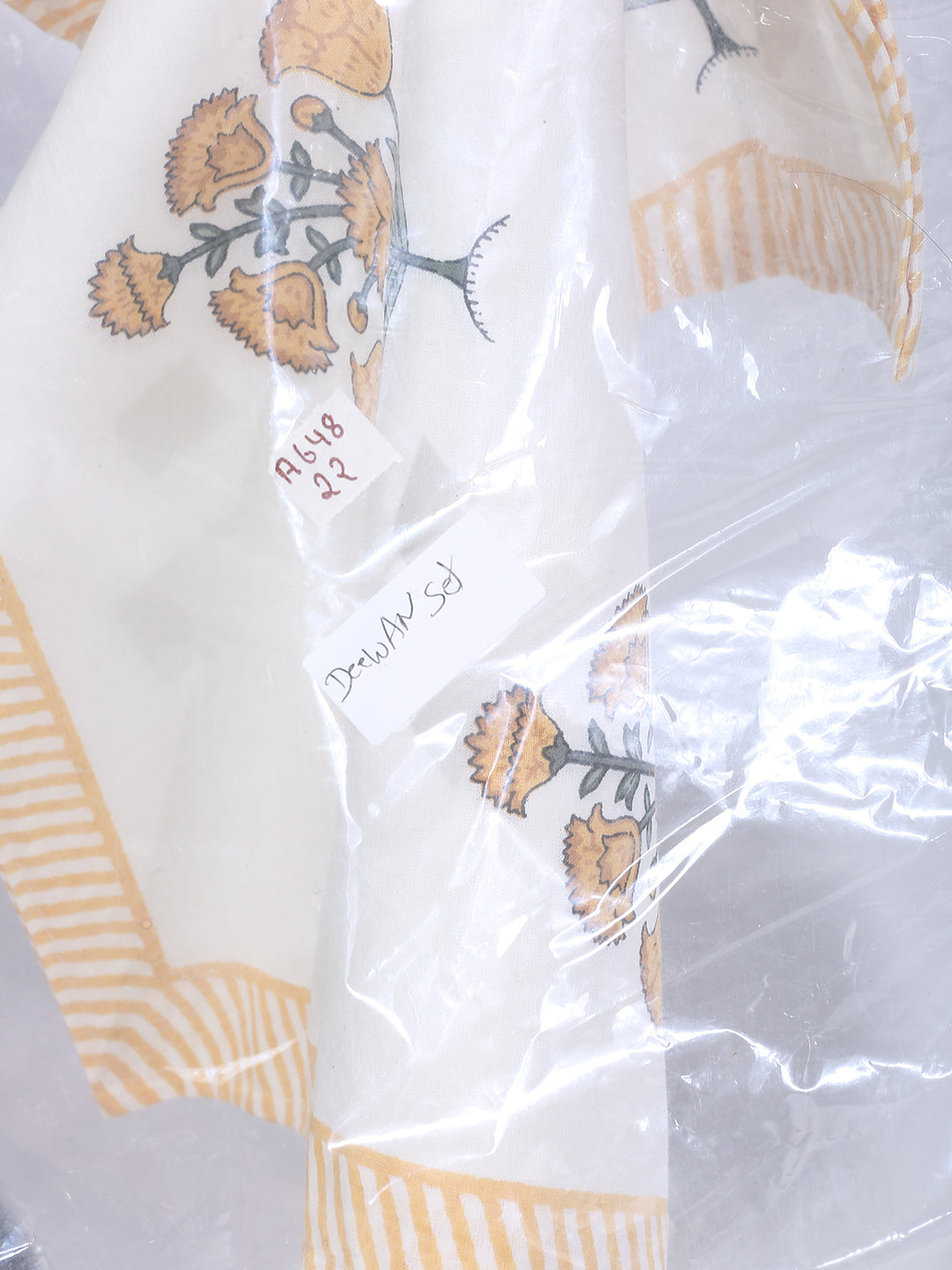 Rajasthan Décor Set of 6 Screen Floral Print Yellow and White Cotton Diwan Set