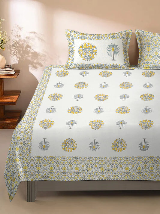 White Floral 180 TC King Bedsheet with 2 Pillow Covers
