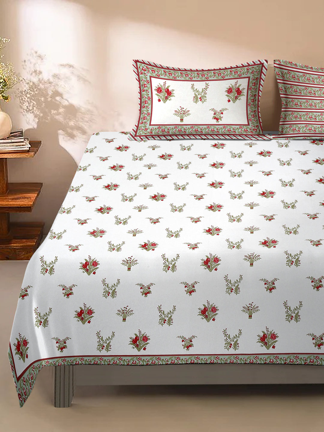 Rajasthan Decor White and Red  Cotton Flower Print King Bed sheet with 2 Pillow Covers