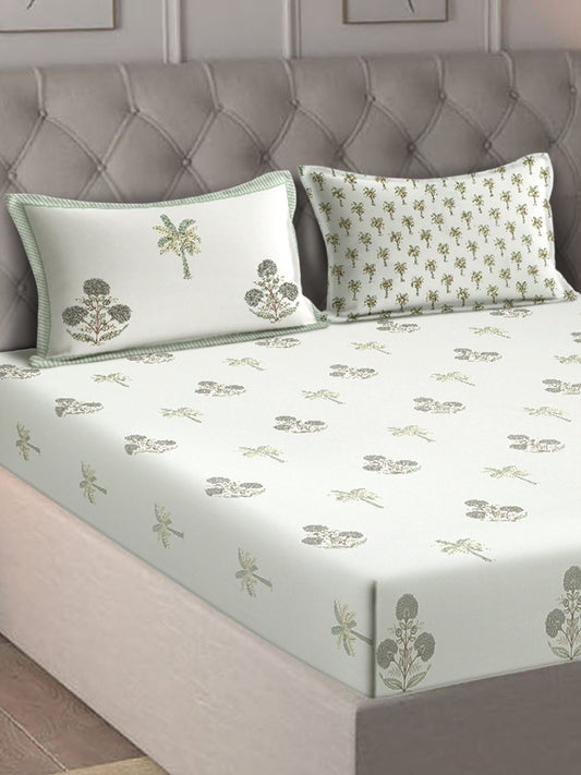 Rajasthan Decor White and Green Cotton Flower Print King Bed sheet with 2 Pillow Covers