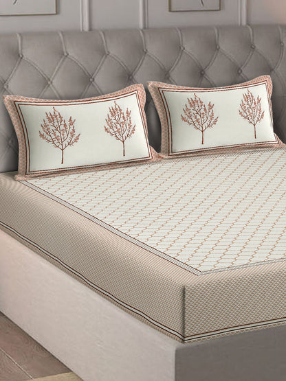 Rajasthan Decor White and Pink  Geometric  Print Cotton  King Bed sheet with 2 Pillow Covers