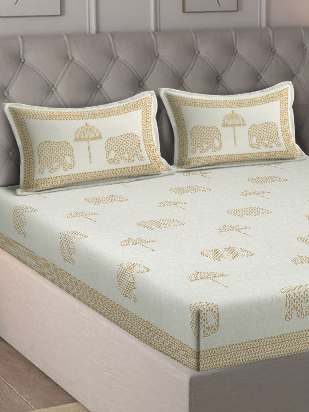 Rajasthan Decor White and Gold  Cotton animal Khadi Print King Bed sheet with 2 Pillow Covers