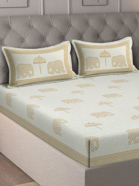 Rajasthan Decor White and Gold  Cotton animal Khadi Print King Bed sheet with 2 Pillow Covers