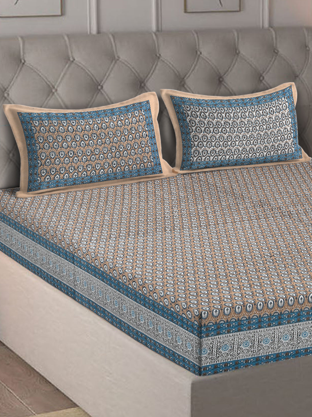 Rajasthan Decor Blue And Brown  Cotton Buti Print King Bed sheet with 2 Pillow Covers