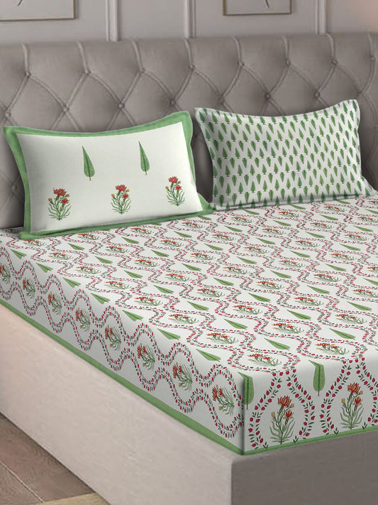Rajasthan Decor White and Green  Cotton Flower Print King Bed sheet with 2 Pillow Covers