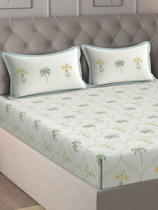 Rajasthan Decor White and Green Cotton Flower Print King Bed sheet with 2 Pillow Covers